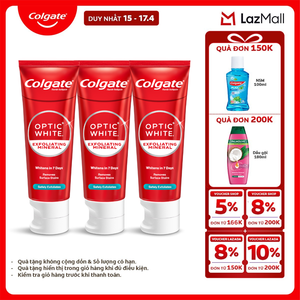 [Chỉ 15-17.4_X2 Voucher giảm đến 18%] Bộ 3 Kem Đánh Răng Colgate trắng răng Optic White cho răng sáng bóng từ tinh thể khoáng trắng