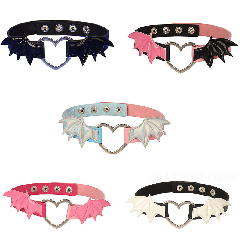 VINTLOOK Punk style contrast color bat wing little devil collar female neck strap cat personality pu leather choker necklace ราคา  20 บาท*ส่งฟรี