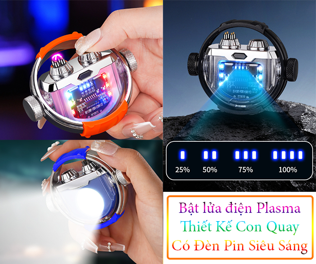 Bật Lửa Điện Plasma  Thiết Kế Con Quay Có Đèn Pin Siêu Sáng