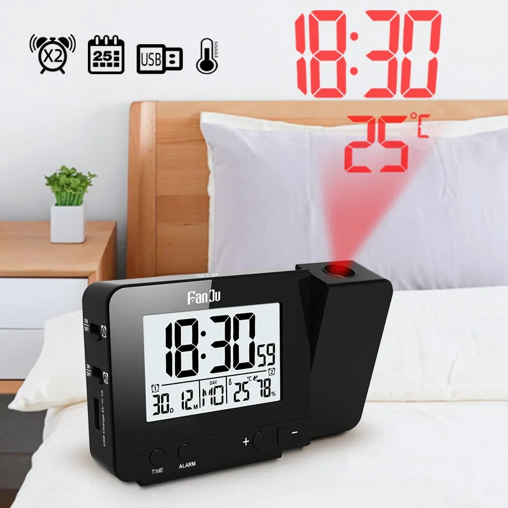 Fanju fj3531 đồng hồ báo thức kỹ thuật số ngày chức năng báo lại đồng hồ có đèn nền tường chiếu bàn bàn đồng hồ LED với máy chiếu thời gian