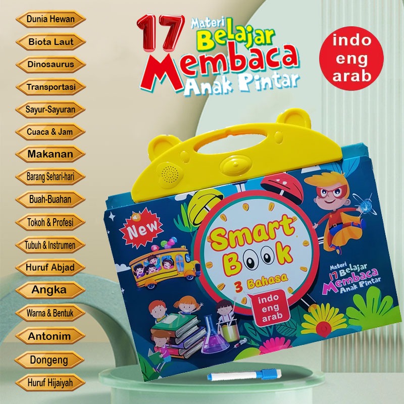 Smart Book with Sound, Jumbo Size, 3 Languages: Indonesian, English, Arabic, Complete with 17 Learning Materials. Can Draw on a Mini Whiteboard on the Back of the Book + Free Markers and Book Clips Harga 69,900 rupiah*Gratis Ongkir