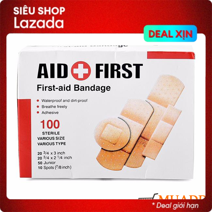 Hộp 100 miếng băng keo cá nhân dán vết thương Urgo AID FIRST đủ size