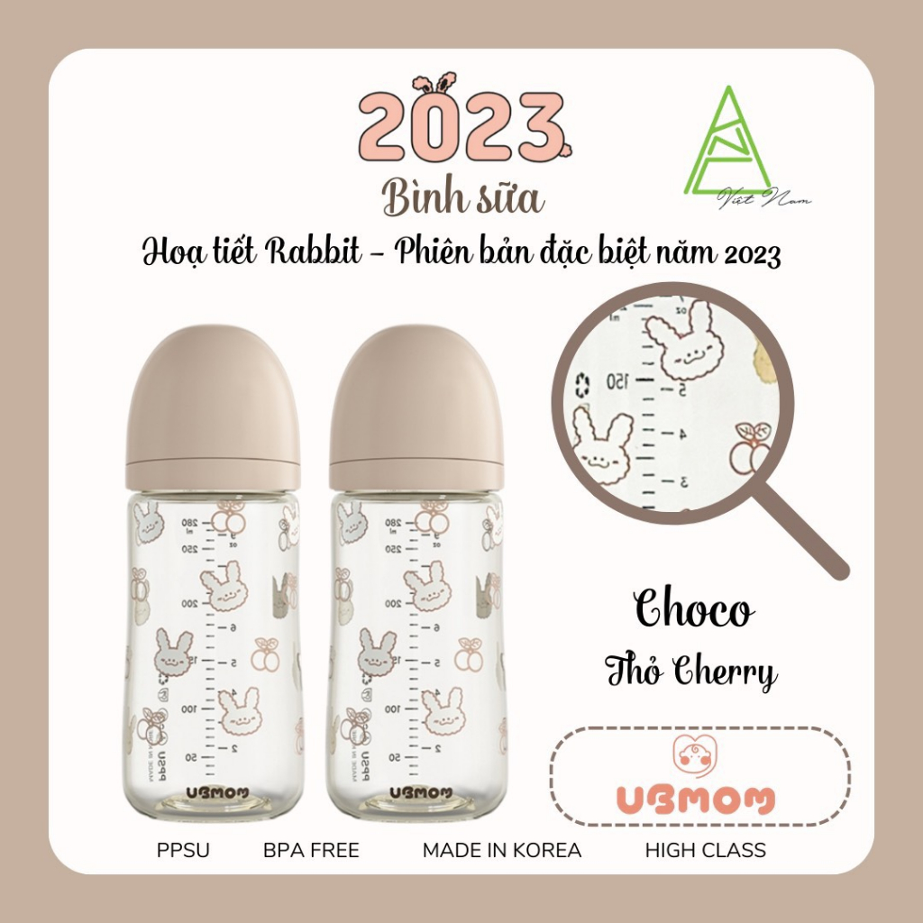 [CHÍNH HÃNG] Bình sữa UBMOM HÀN QUỐC Họa Tiết Thỏ Trắng, Thỏ Nâu Mẫu Mới 2023 200ml/280ml