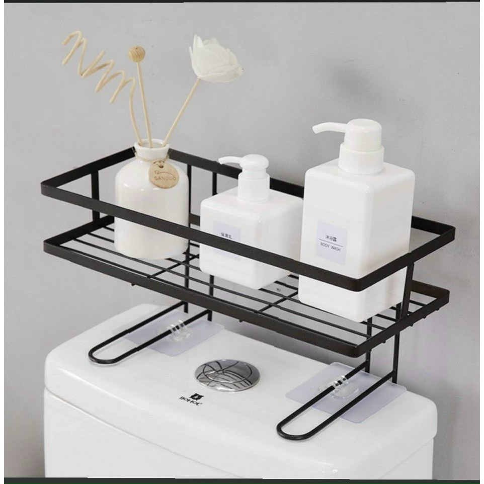 Kệ sắt gài trên nắp toilet bồn cầu để đồ sơn tĩnh điện đen không gỉ - giá chữ nhật có chân gác để gọn đồ nhà tắm đa năng