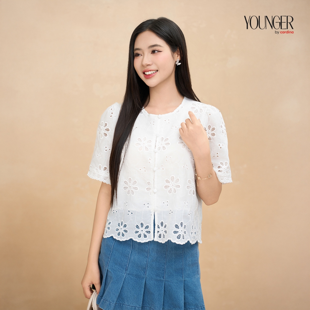 Áo sơ mi nữ thêu hoa YOUNGER BY CARDINA chất liệu thô dáng suông cổ tròn tay lỡ phối ren 5YASC08