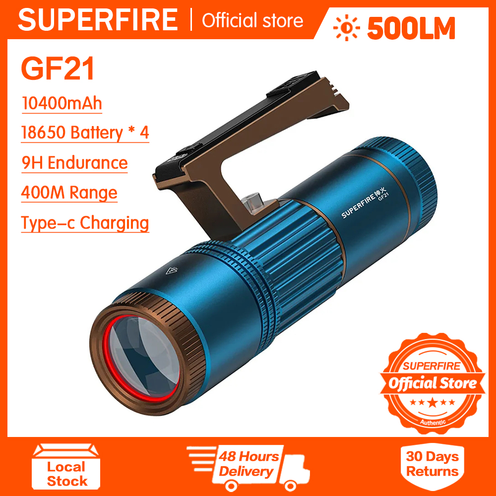 Đèn pin superfire gf21 đèn pin câu cá chuyên nghiệp có màn hình hiển thị LED 4 màu nguồn sáng Đèn pin zoom 18650 pin 10400mAh Đèn câu cá sạc Type-C