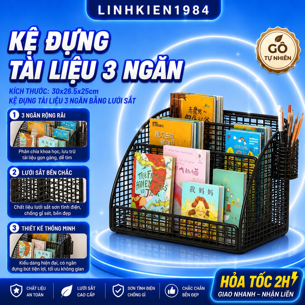 Kệ Sách Sắt Lưới Để Bàn Chia 3 Ngăn Tiện Lợi Giá Để Đồ Đa Năng