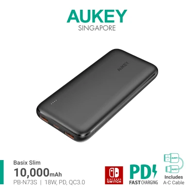 Aukey PB-N73/PB-N73S Ultra Thin Portable Charger 10000mAH 3-Port USB C PD 12W / 18W Fast Charge Power Bank (18 Months Warranty)