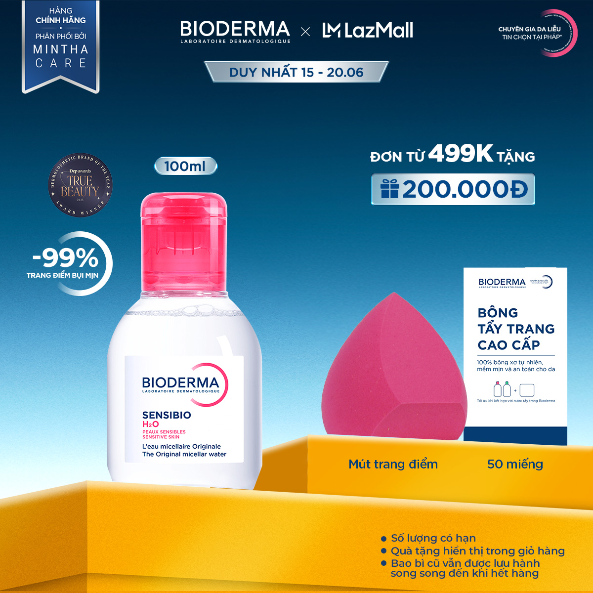 Dung dịch làm sạch và tẩy trang micellar cho da thường và da nhạy cảm Bioderma Sensibio H2O - 100ml