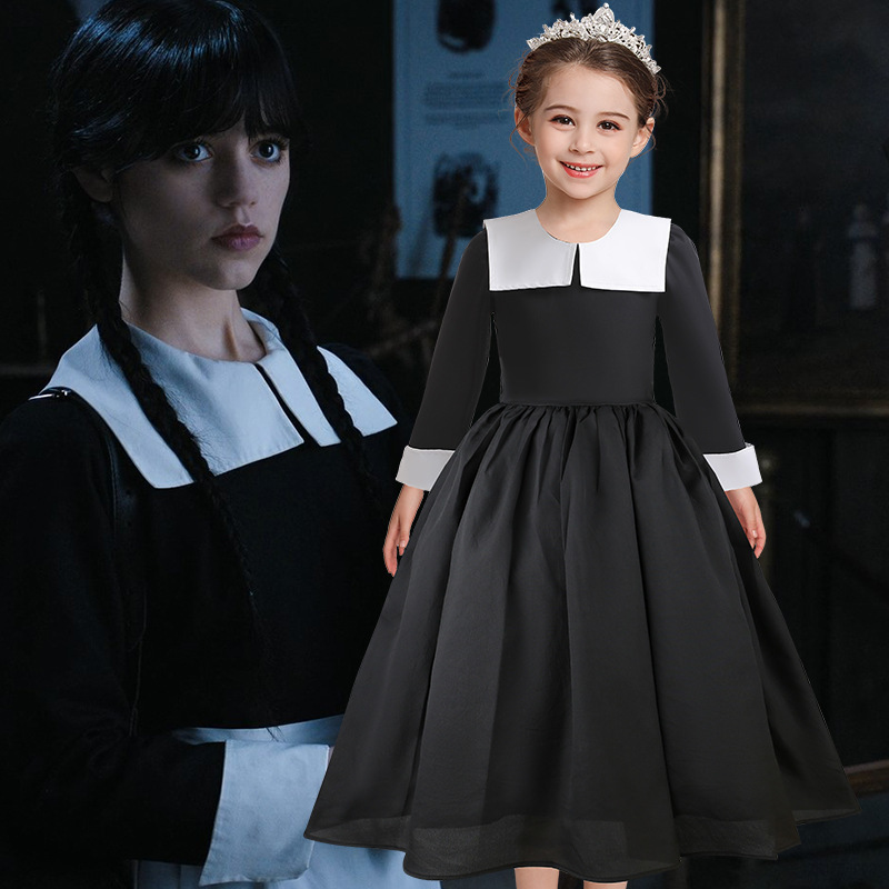 RA Đầm Đen Buổi Tối, Gia Đình Wednesday Addams Mùa 2, Cổ Lá, Thích Hợp Để Hóa Trang, Kèm Tóc Giả Vải AR
