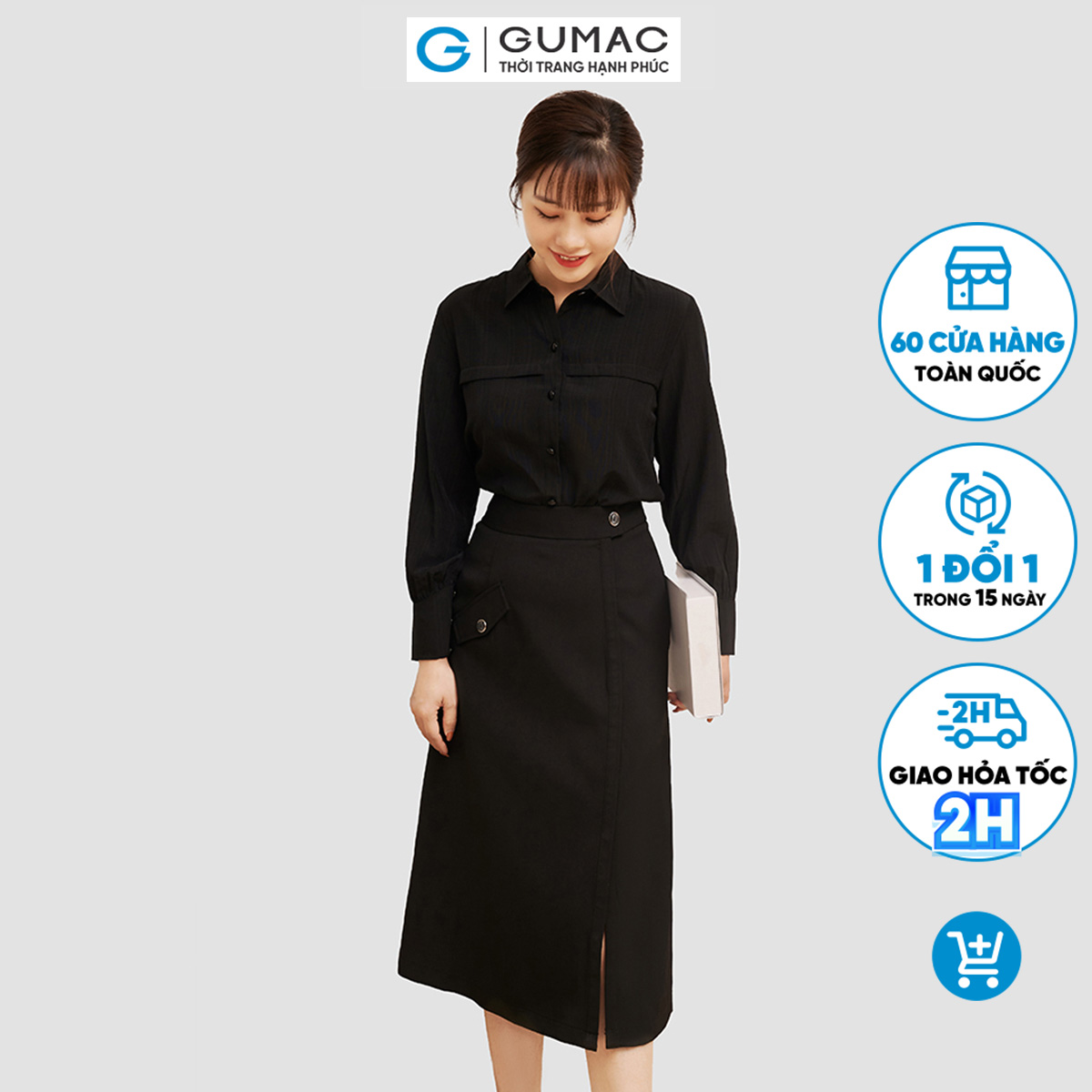 Chân váy nữ gumac vc06047 , chân váy dài xẻ nắp túi sang chảnh