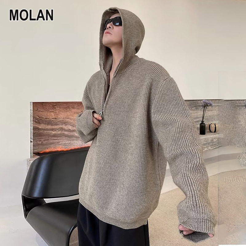 MOLAN Người Đàn Ông Của Mùa Đông Bán Dây Kéo áo len trùm đầu rộng vừa vặn Hàn Quốc Giản Dị áo đan