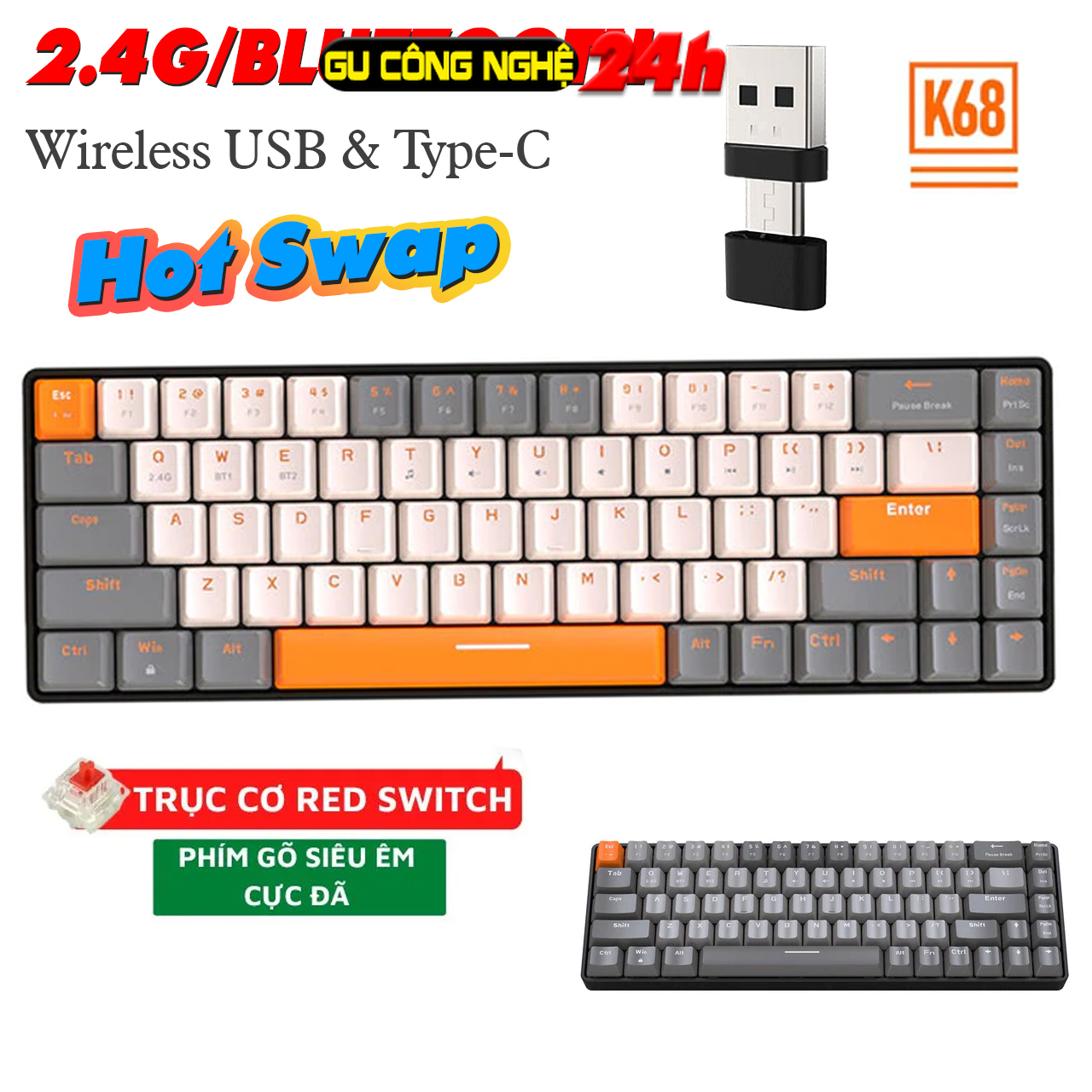 Bàn phím không dây bluetooth ziyou k68-k68bt phím cơ red switch- blue switch giảm ồn gõ cực thích hỗ trợ hotswap