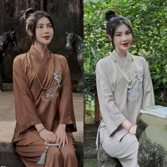 Pháp phục đi chùa thêu sen tay phật đắp chéo thắt dây (Tặng chuỗi 108 hạt hoặc chuỗi vòng tay)