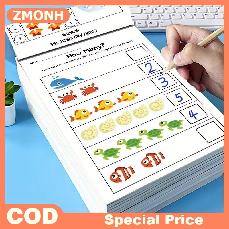 ZMONH สมุดงานคณิตศาสตร์เชิงโต้ตอบ64หน้าเต็มไปด้วยตัวเลขการคิดเชิงตรรกะการฝึกแบบฝึกหัดคณิตศาสตร์สนุกสำหรับเด็กก่อนวัยเรียน