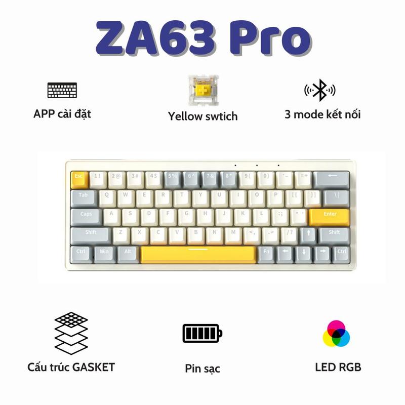 Bàn Phím Cơ Không Dây Bluetooth ZA63 Pro - Trục cơ Linear Hotswap 5 Pin - Pin sạc - LEG RGB cả phím