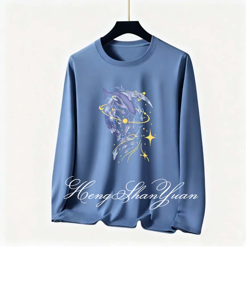 Hengshanyuan nam Tay áo dài T-shirt với in hình cá voi sáng tạo, vải thoáng khí nhẹ cho mặc hàng ngày