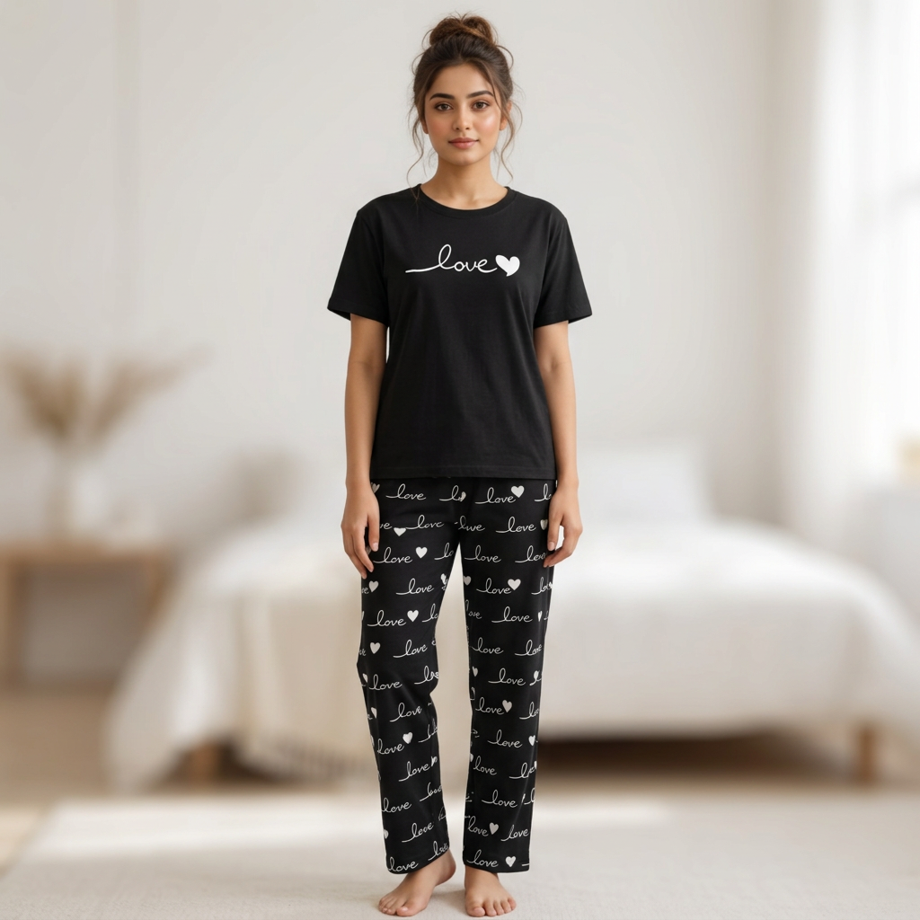 Love Sleep T-Shirt & Star Print Trouser Nightwear Set for Women, Girls & Kids, Soft Cotton Jersey Summer Pajama, Sleepwear and Loungewear Suit, Night Dress Style Home Wear, Breathable Relax Fit T Shirt Pajama Set (S-XL | 7-14 Years)