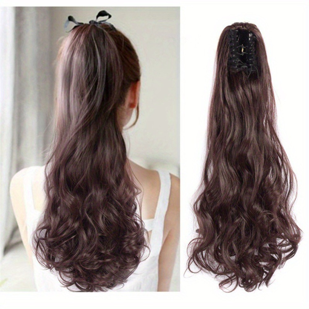 TI9P Phần mở rộng Tóc đuôi ngựa lượn sóng Dài Kiểu xoăn Tóc giả tổng hợp Đen Kẹp tóc