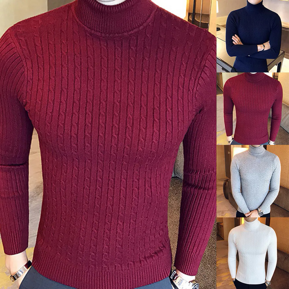 Casual Men Winter Solid Color Turtle Neck Long Sleeve Twist Knitted Slim Sweater Men's Knitted Sweaters Pullover Men999_voghion.com