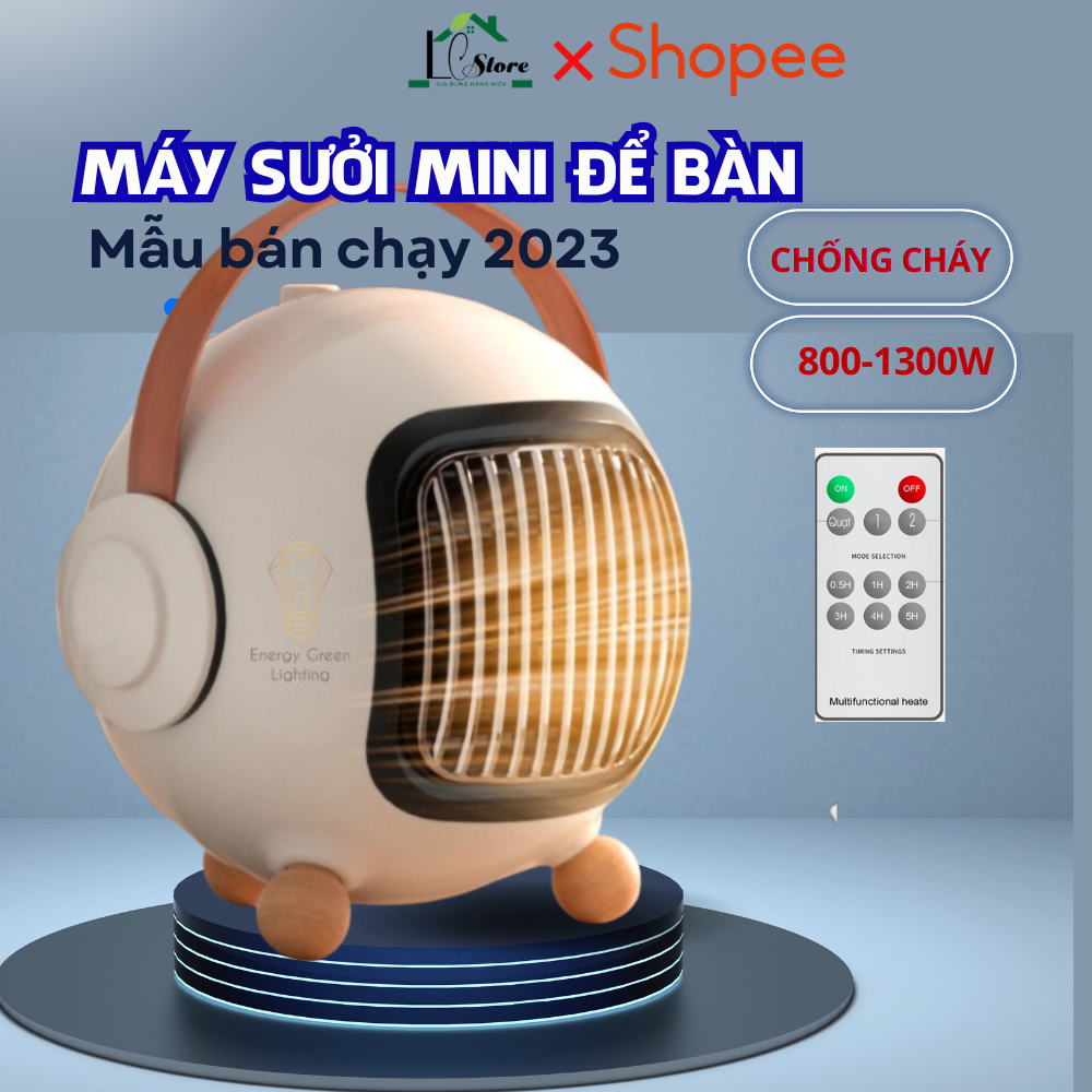 Máy sưởi mini để bàn kèm điều khiển từ xa, Máy sưởi công nghệ gốm PTC công suất cao 800w-1300w an toàn khi sử dụng