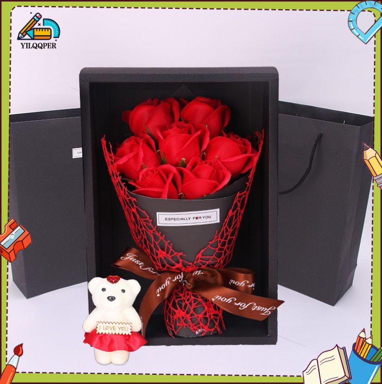 YILQQPER ช่อดอกกุหลาบ 7ดอก พร้อมตุ๊กตาหมี พร้อมกล่อง รุ่น D27 ราคา 69 บาท*ส่งฟรี