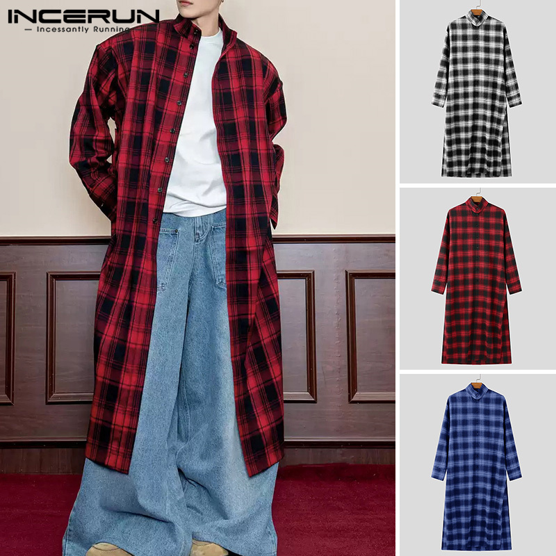 Medussa INCERUN Men's Christmas Plaid Print Full Sleeve Top Lapel Long Streetwear Casual Shirt (Korean Style) #241113