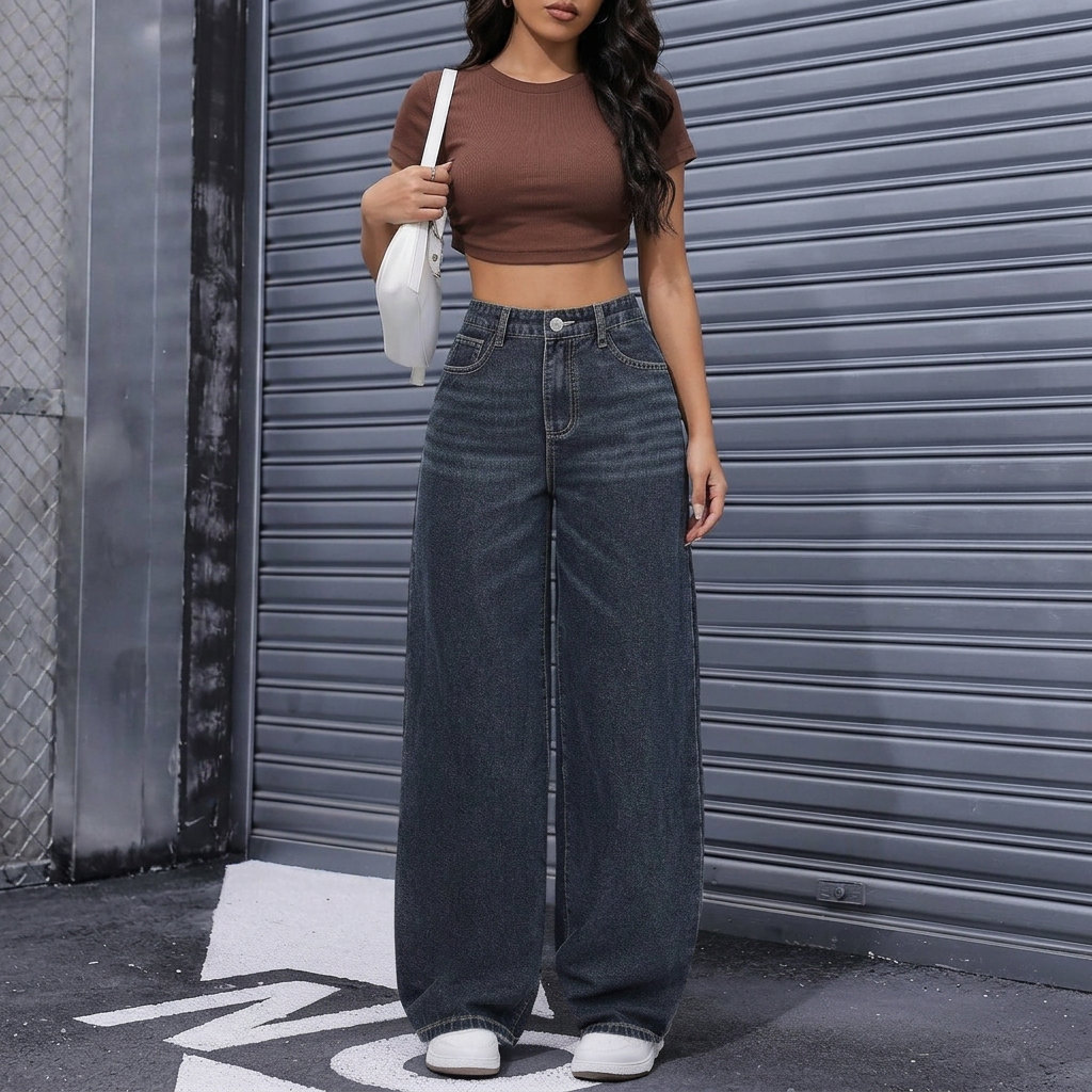 Wide Leg Baggy Relaxed Straight Loose Bottom denim jeans pants for women