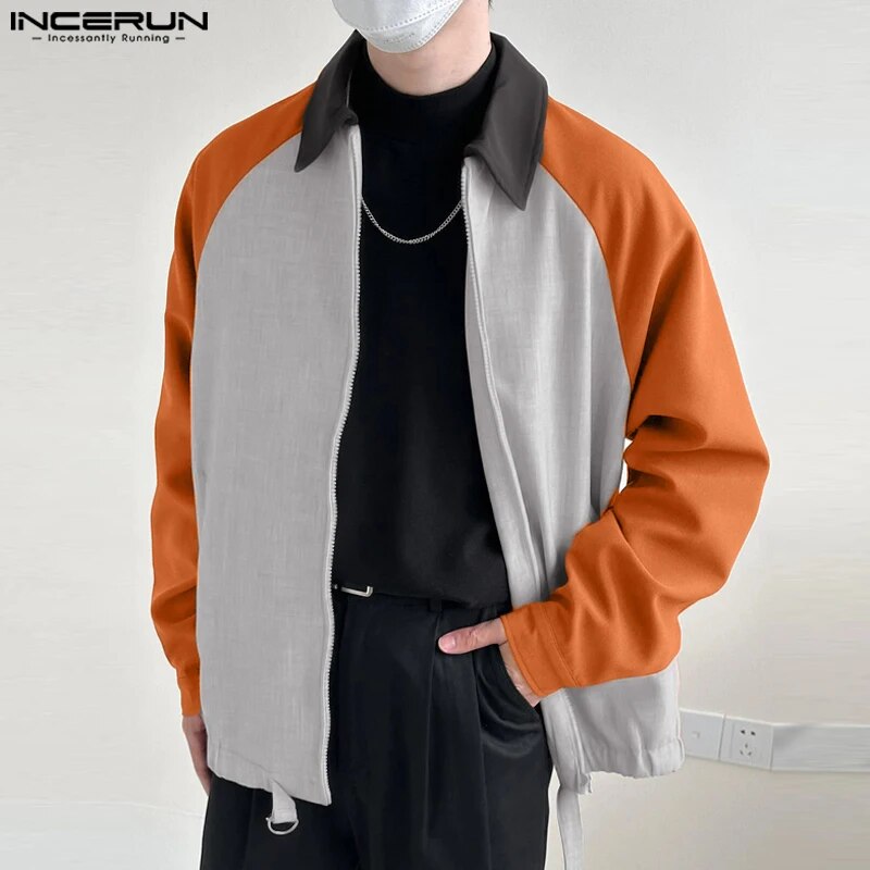 Hot 2023 incerun Tops 2023 phong cách Hàn Quốc đẹp của nam giới màu chắp vá tương phản tay áo raglăng Áo khoác giản dị nóng bán áo khoác áo khoác S-5XL