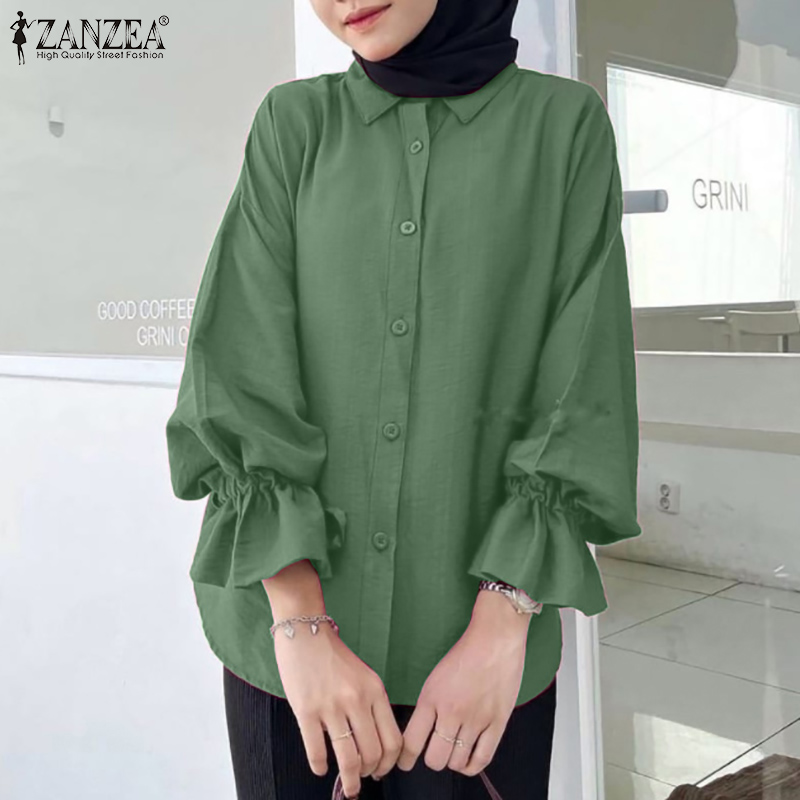 ZANZEA&nbsp;Muslimah&nbsp;Womens&nbsp;Muslim Raya Clothes Shirts Causal Ruffle Puff Sleeve Shirt Turn-Down-Collar Tops