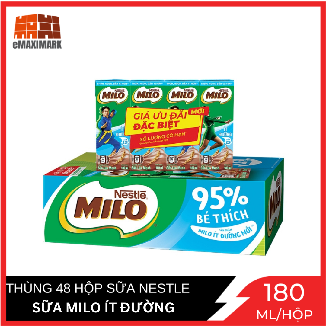 nguyên thùng 48 hộp Sữa lúa mạch Milo ít đường 180ml