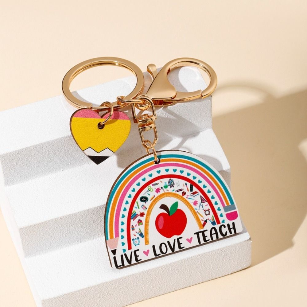 COLOO Wooden Pencil Rainbow Keychain English Letter Geometric Shape Teachers Day Keychain Key Holder Aesthetic Teacher Education Pendant Thanksgiving Gift
