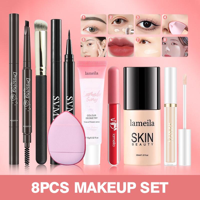 8pcs trang điểm khuôn mặt Bộ lameila kem nền dạng lỏng, son môi, kem lót trang điểm, kẻ mắt không thấm nước, svmy Kem che khuyết điểm, bút chì kẻ lông mày đôi, Mini puff, cọ trang điểm