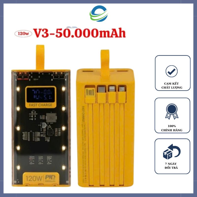 Sạc Pin Dự Phòng 50000mah Bảo hành 12 tháng Trong Suốt Có đồng hồ Hiển Thị Hiệu Điện Thế(V), Cường độ dòng điện(A) tích hợp 10 đèn Led