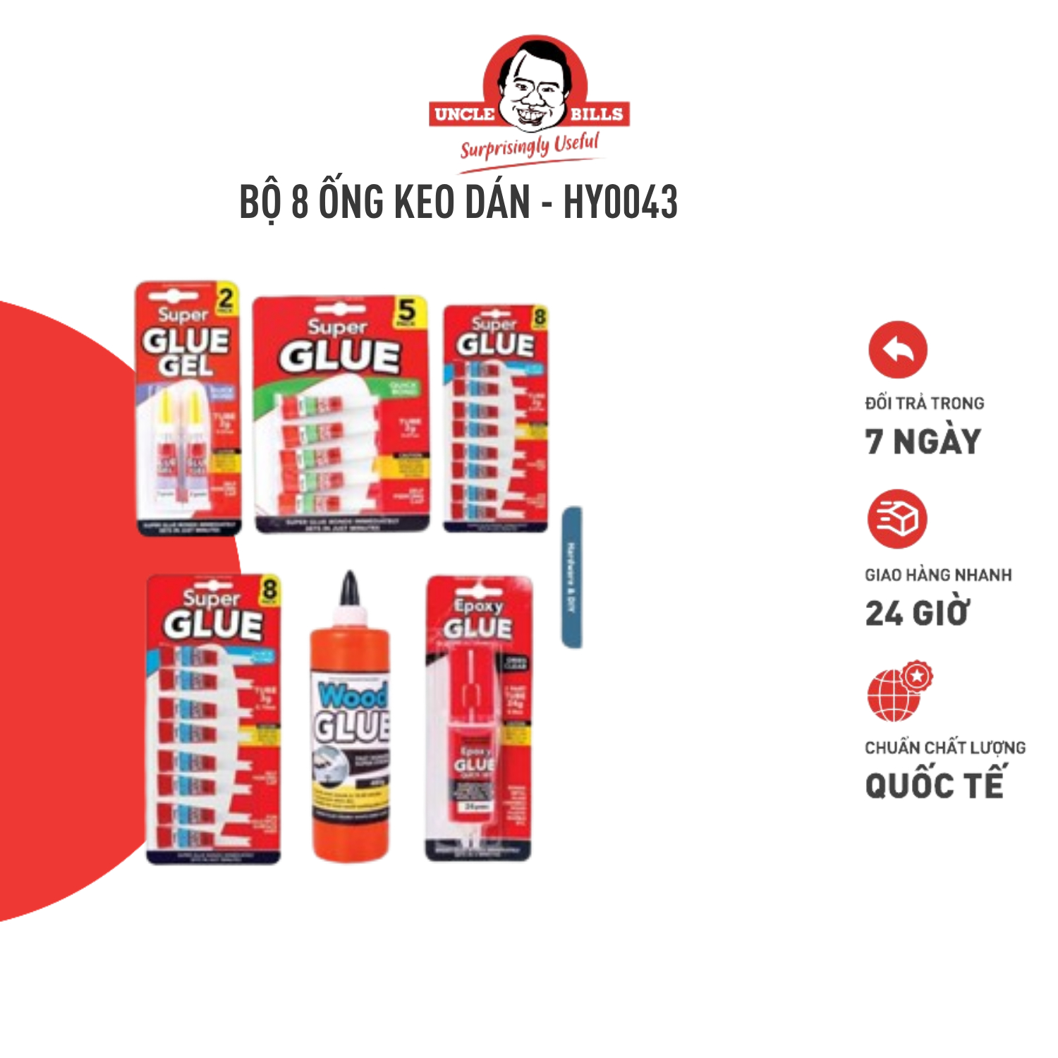 8 ống keo dáng đa năng siêu dính 2g/tuýp Uncle Bills HY0043 dán được mọi bề mặt, khô nhanh chóng, dính chặt lên gỗ, nhựa, kim loại, cần thiết, tiện lợi, dễ sử dụng