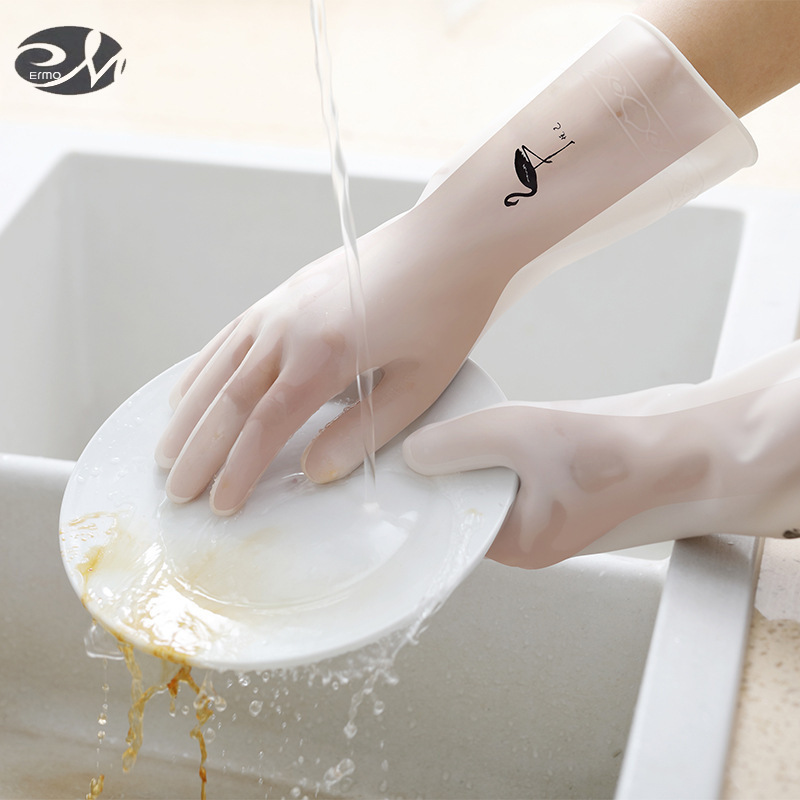 Household waterproof dishwashing gloves kitchen white cartoon pattern PVC cleaning and decontamination laundry durable cleaning gloves ราคา 52 บาท*ส่งฟรี