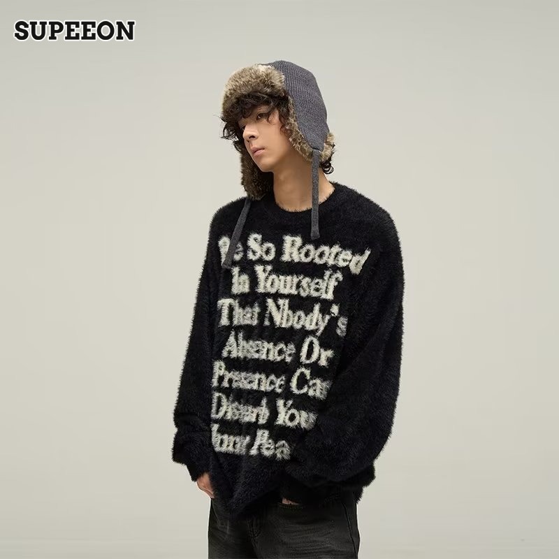 SUPEEON Men s American trendy round neck loose lazy sweater letter print