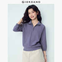 GIORDANO Women Sweatshirts 100% Cotton 3/4 Sleeve Sweatshirts Stand CollarHalf Placket Fashionable Casual Sweatshirts 13316203