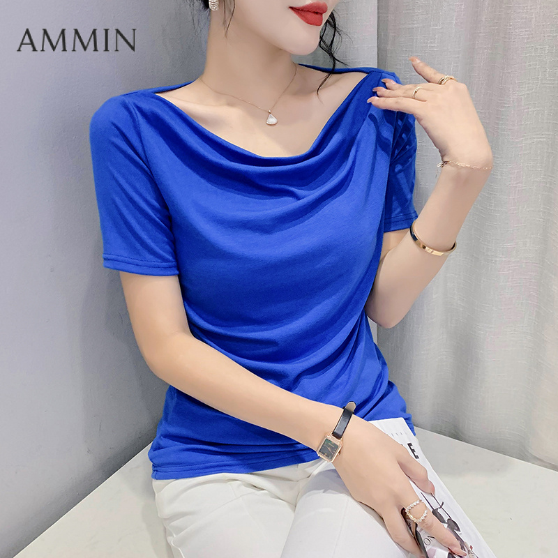 AMMIN 2025 Summer New Fashion off-Shoulder Design Short Sleeve Fashionable Stylish Pure Color Cotton T-shirt Women's Korean Style Bubble Sleeve Simple Solid Elegant Blouse ราคา 312 บาท*ส่งฟรี
