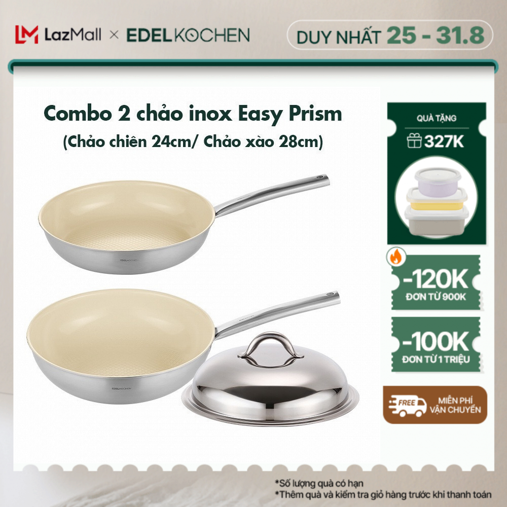 Combo 2 chảo inox Edelkochen Easy Prism - Màu Soy Milk