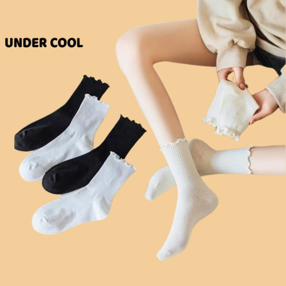 Tất Vớ Cổ Cao Nữ Bèo Nhún UNDERCOOL Chất liệu cotton mềm mịn Màu Trơn Basic TC68