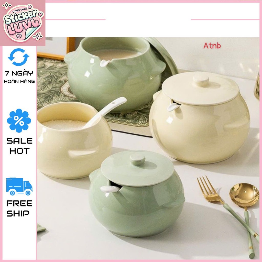 Hủ đựng gia vị chất liệu gốm sứ cao cấp đa năng có kèm thìa