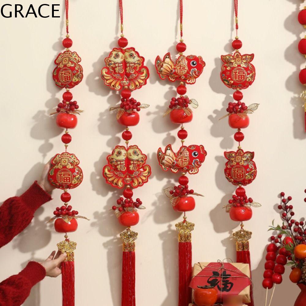 GRACE Đỏ dây chuyền năm mới Trung Quốc Tua rua Đồ dùng cho bữa tiệc dây chuyền Lễ Hội Mùa Xuân Chúc may mắn Cổ điển Đồ trang trí treo Lễ Hội Mùa Xuân