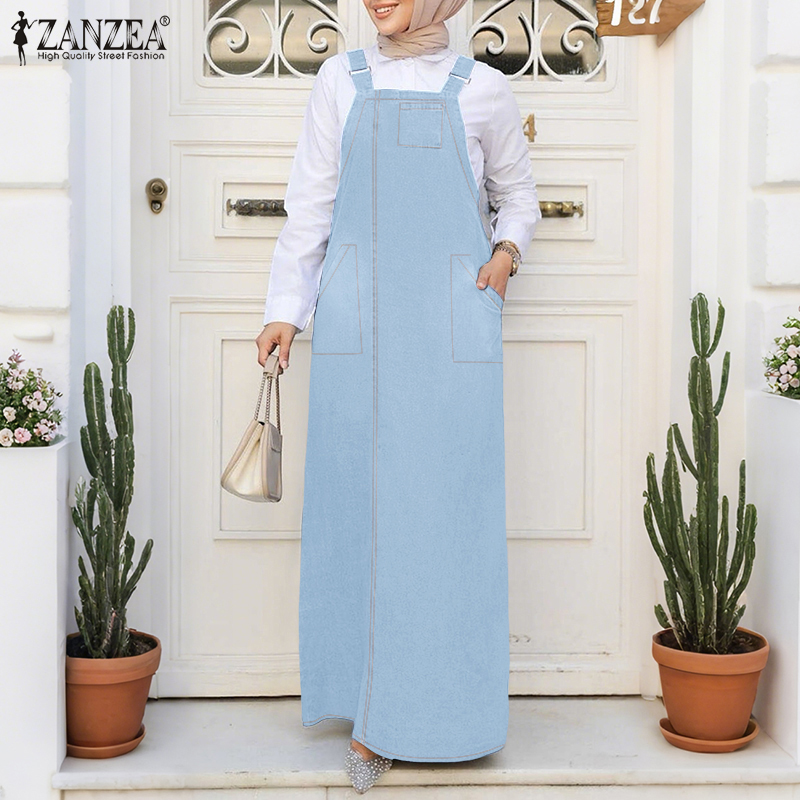 Celmia ZANZEA Muslimah Women Muslim Street Fashion Pockets Sleeveless Dresses Adjustable Shoulder Strap Dress #0630