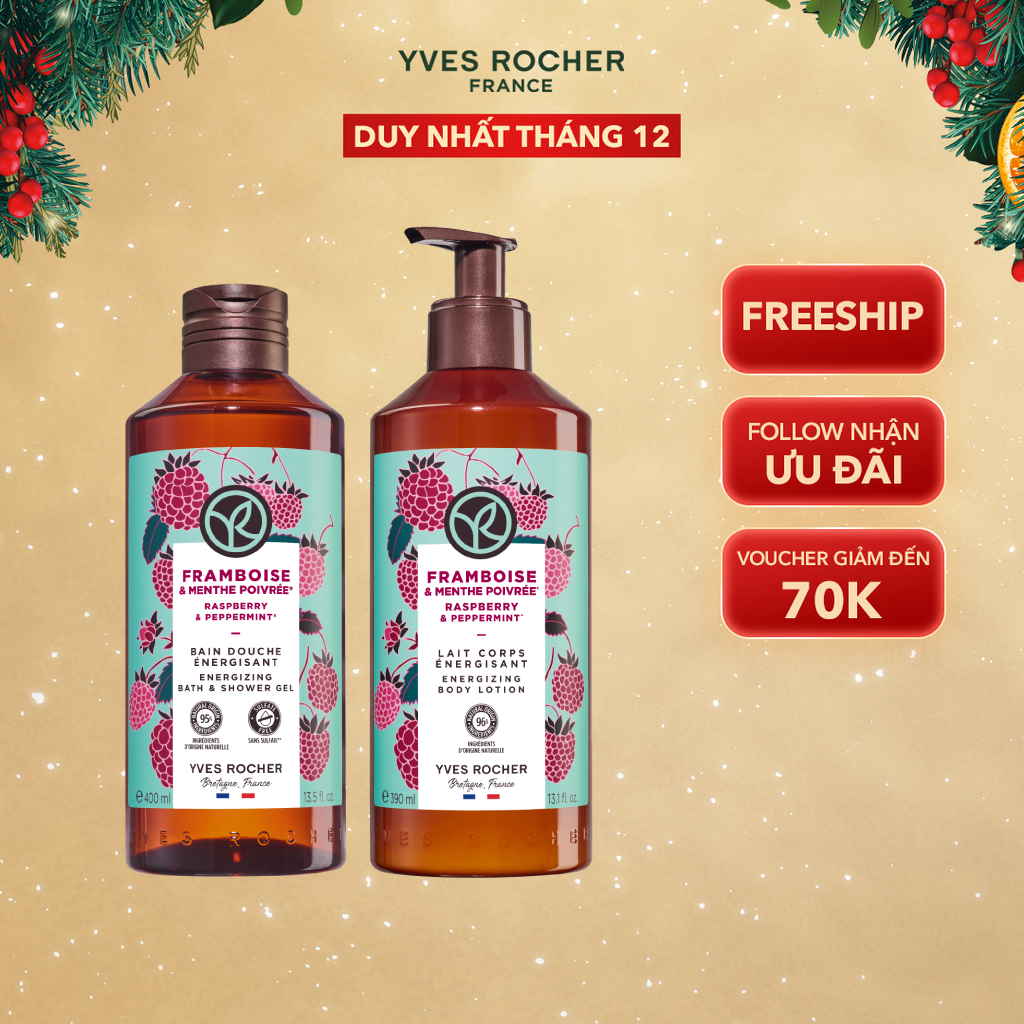 Combo Sữa Tắm Sữa Dưỡng Thể Làm Sạch và Dưỡng Ẩm Cơ Thể Bạc Hà & Mâm Xôi Đỏ Yves Rocher Raspberry & Peppermint 790ml