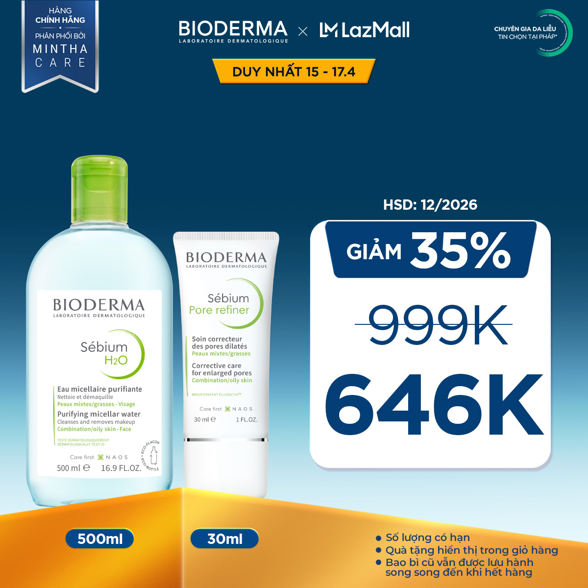 Bộ đôi làm sạch Micellar cho da hỗn hợp và da dầu Bioderma Sebium H2O 500ml và Kem dưỡng se lỗ chân lông Pore refiner 30ml