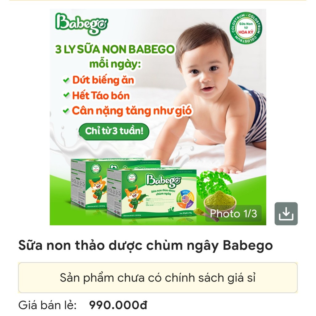 ✅ [CHÍNH HÃNG, CHO KIỂM HÀNG] Sữa non thảo dược chùm ngây BABEGO (Hộp 20 gói x 17 gr)