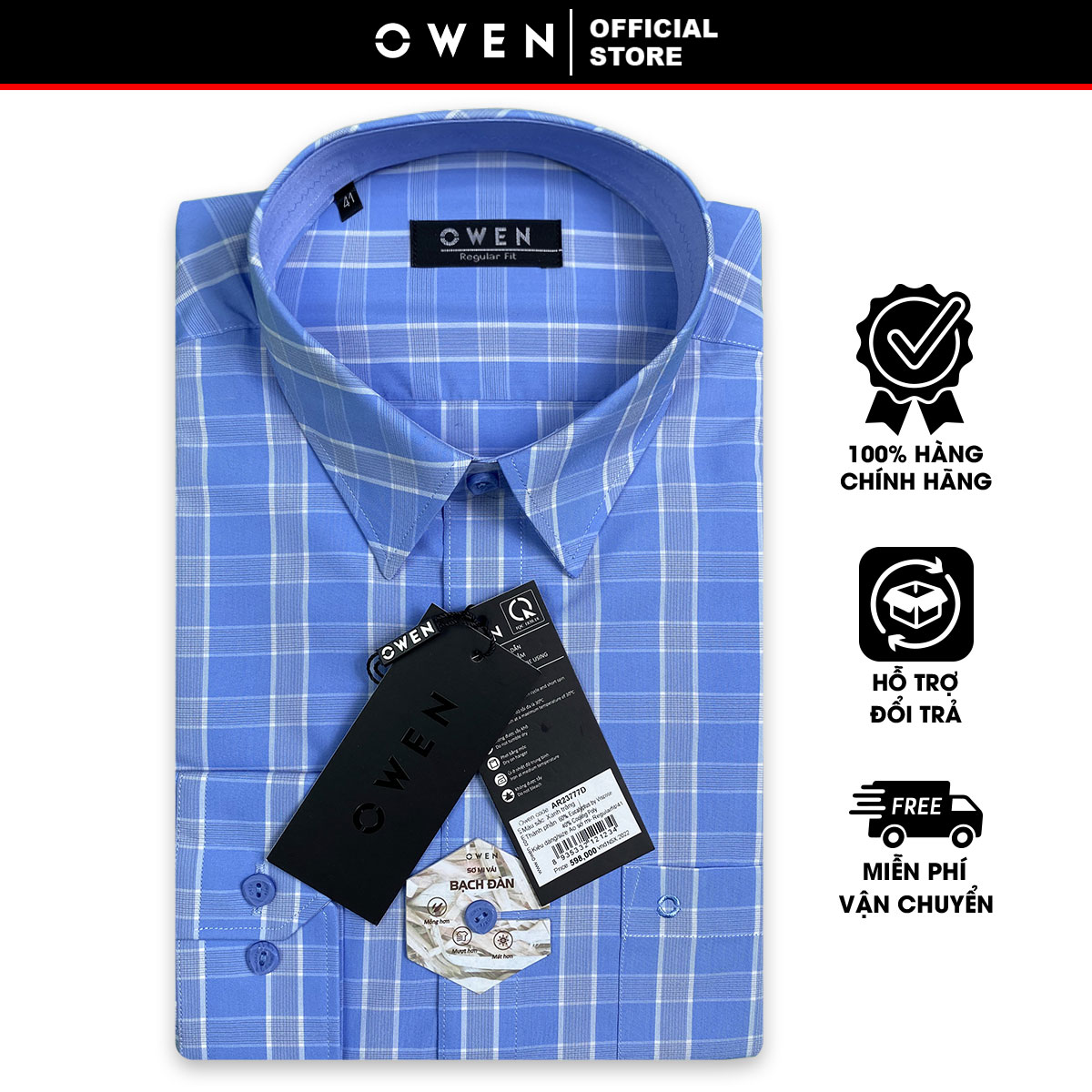 OWEN SALE - Áo Sơ Mi Owen Tay Dài Màu Xanh - Trắng  Họa Tiết Caro Form Regular Fit Lai Bầu Chính Hãn