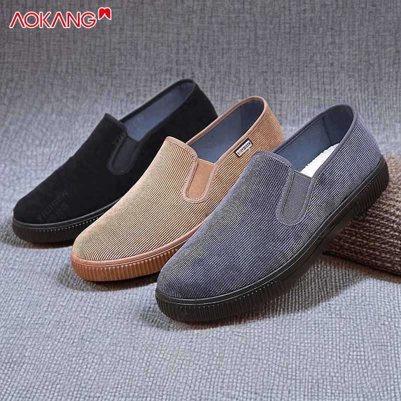  AOKANG Bắc Kinh cũ vải nhung kẻ Giày vải đế mềm nam nhẹ chống trượt thoáng khí một bàn đạp CHA Giày thường ngày 