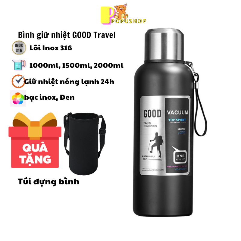 Bình giữ nhiệt inox 316 [TẶNG TÚI ] giữ nhiệt 24h dung tích 2000ml 1500ml 1000ml Good travel có giỏ lọc trà lọc đá